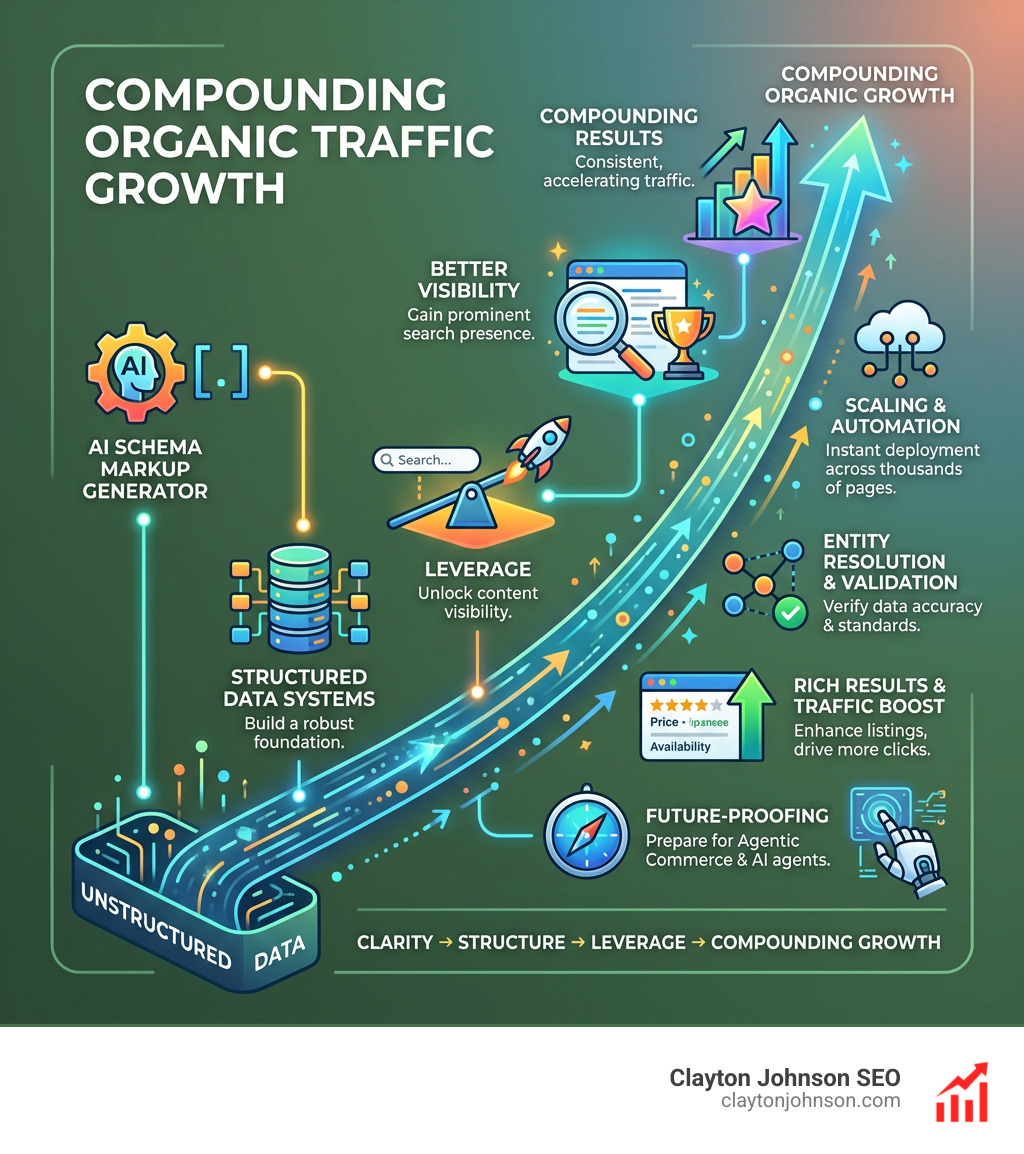 Infographic showing the compounding growth of organic traffic through structured data systems - ai schema markup generator