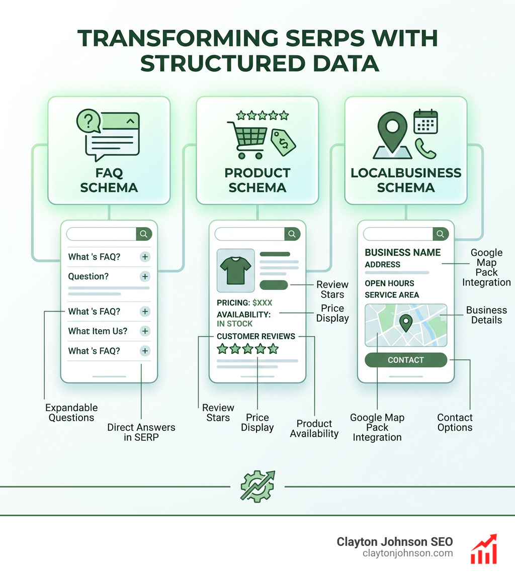 Infographic showing different schema types like FAQ, Product, and LocalBusiness appearing in SERPs - ai schema markup
