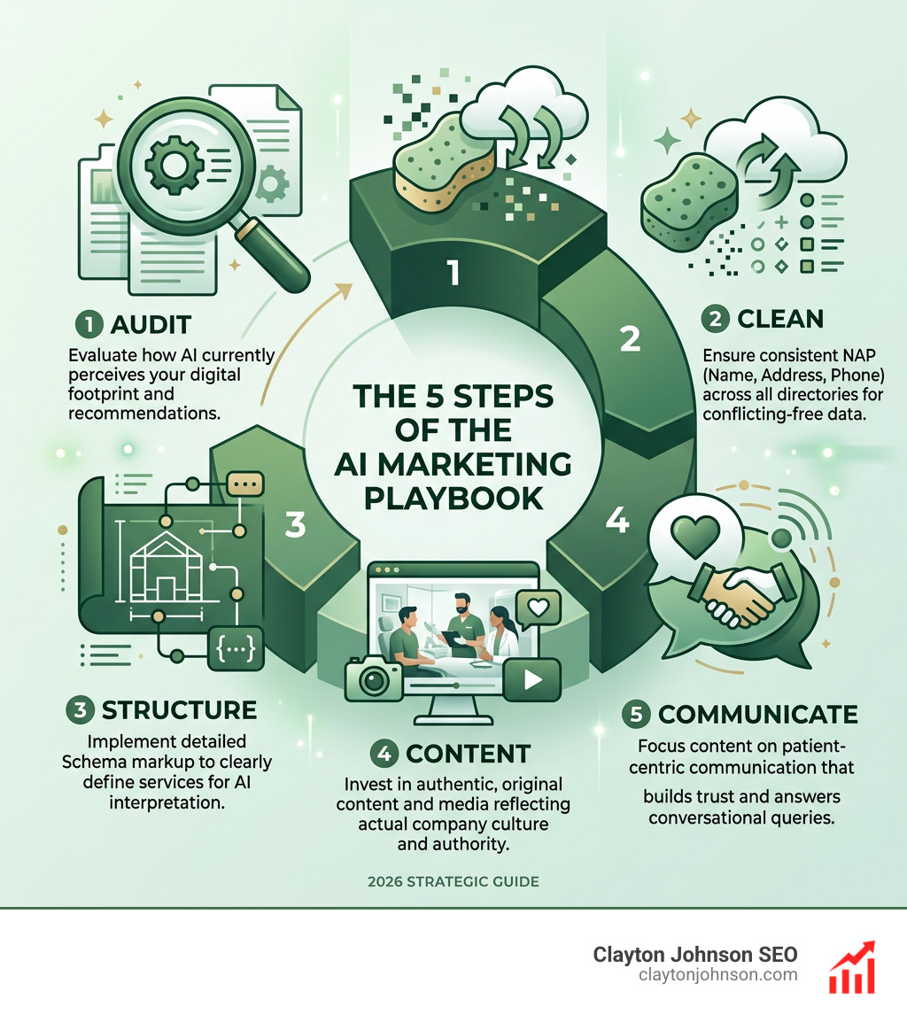Infographic showing the 5 steps of the AI marketing playbook: Audit, Clean, Structure, Content, and Communicate - ai