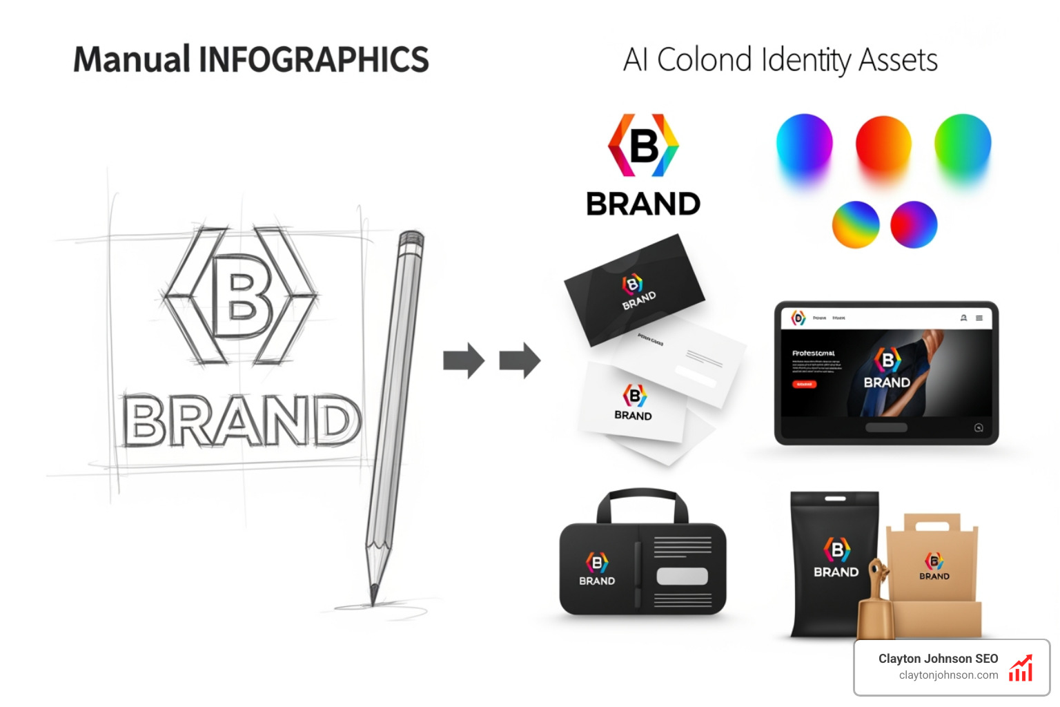 Graphic showing the transition from manual sketch to AI-generated brand identity assets - ai marketing for branding agencies