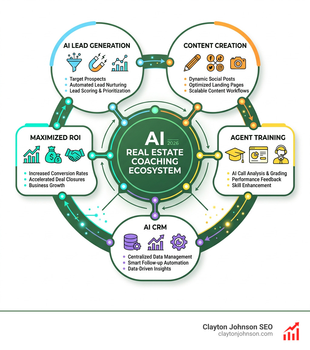 AI Real Estate Coaching Ecosystem infographic showing lead gen, content, training, CRM, and ROI - ai marketing for real
