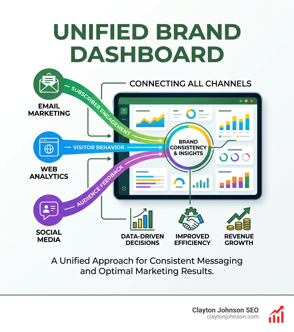 Infographic showing a unified brand dashboard connecting social, web, and email channels - ai marketing for branding