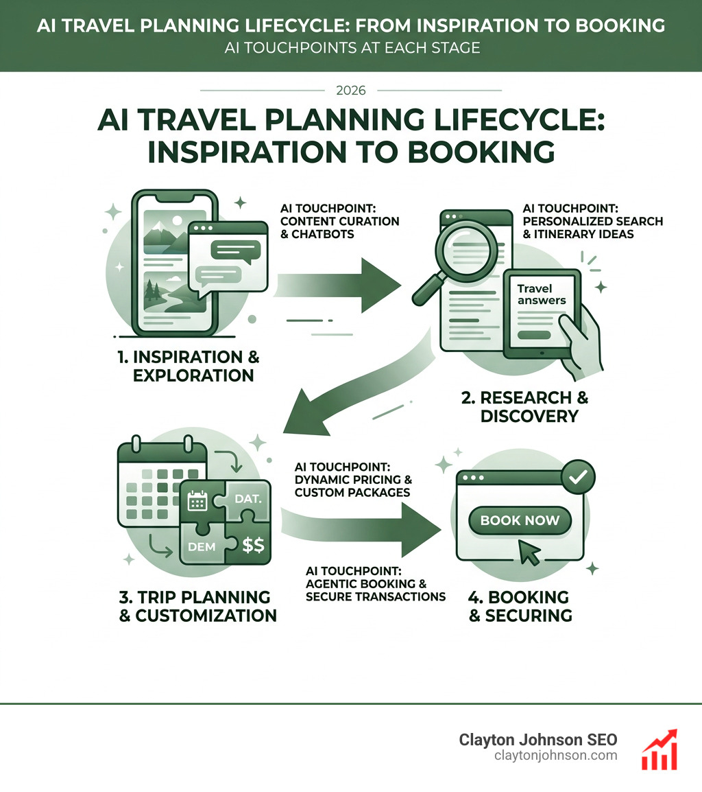 AI travel planning lifecycle from inspiration to booking, showing AI touchpoints at each stage - ai marketing for vacation