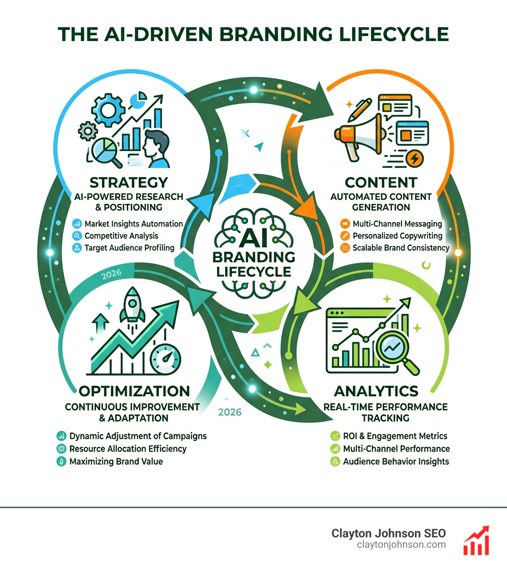 AI branding lifecycle infographic showing stages from strategy to content to analytics to optimization - ai marketing for