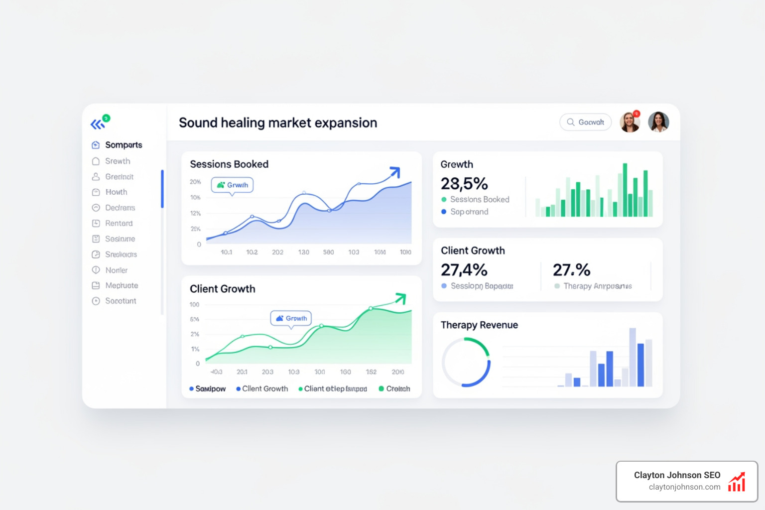 digital marketing dashboard showing sound healing growth metrics - ai marketing for sound healing therapists companies