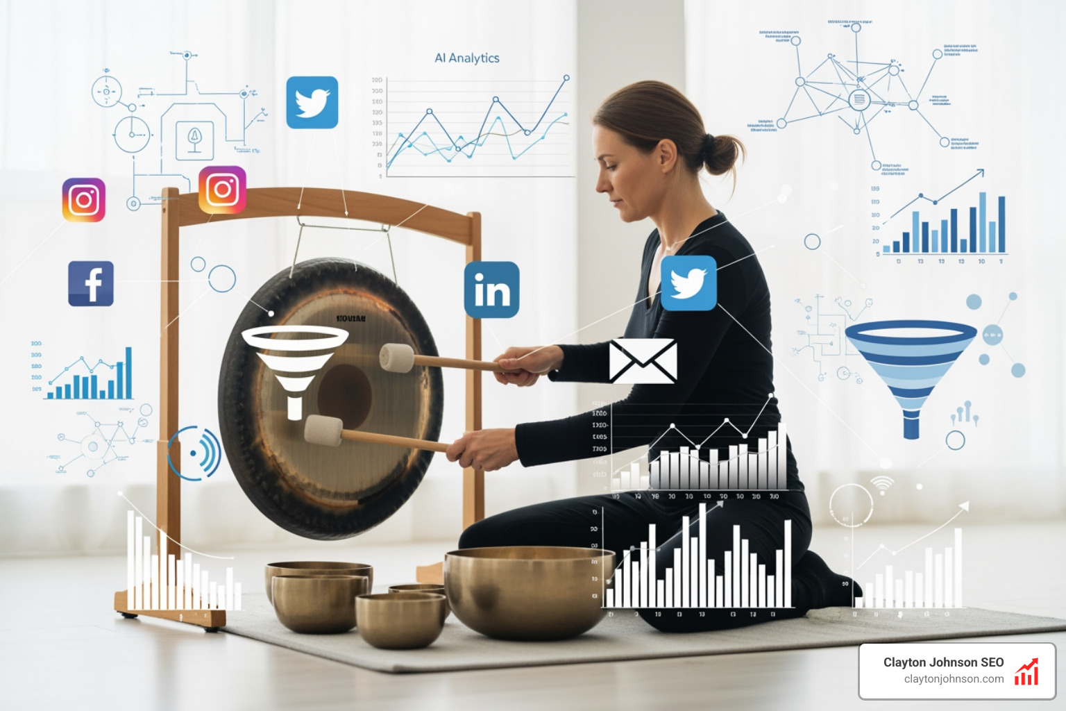 sound healer using a gong with digital marketing overlays - ai marketing for sound healing therapists companies
