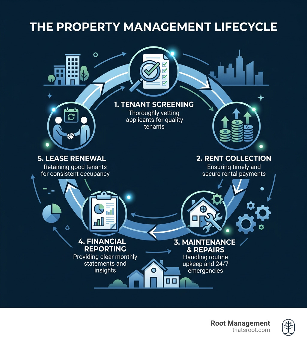 Property management lifecycle infographic showing tenant screening, rent collection, maintenance, reporting, and lease Property management lifecycle infographic showing tenant screening, rent collection, maintenance, reporting, and lease