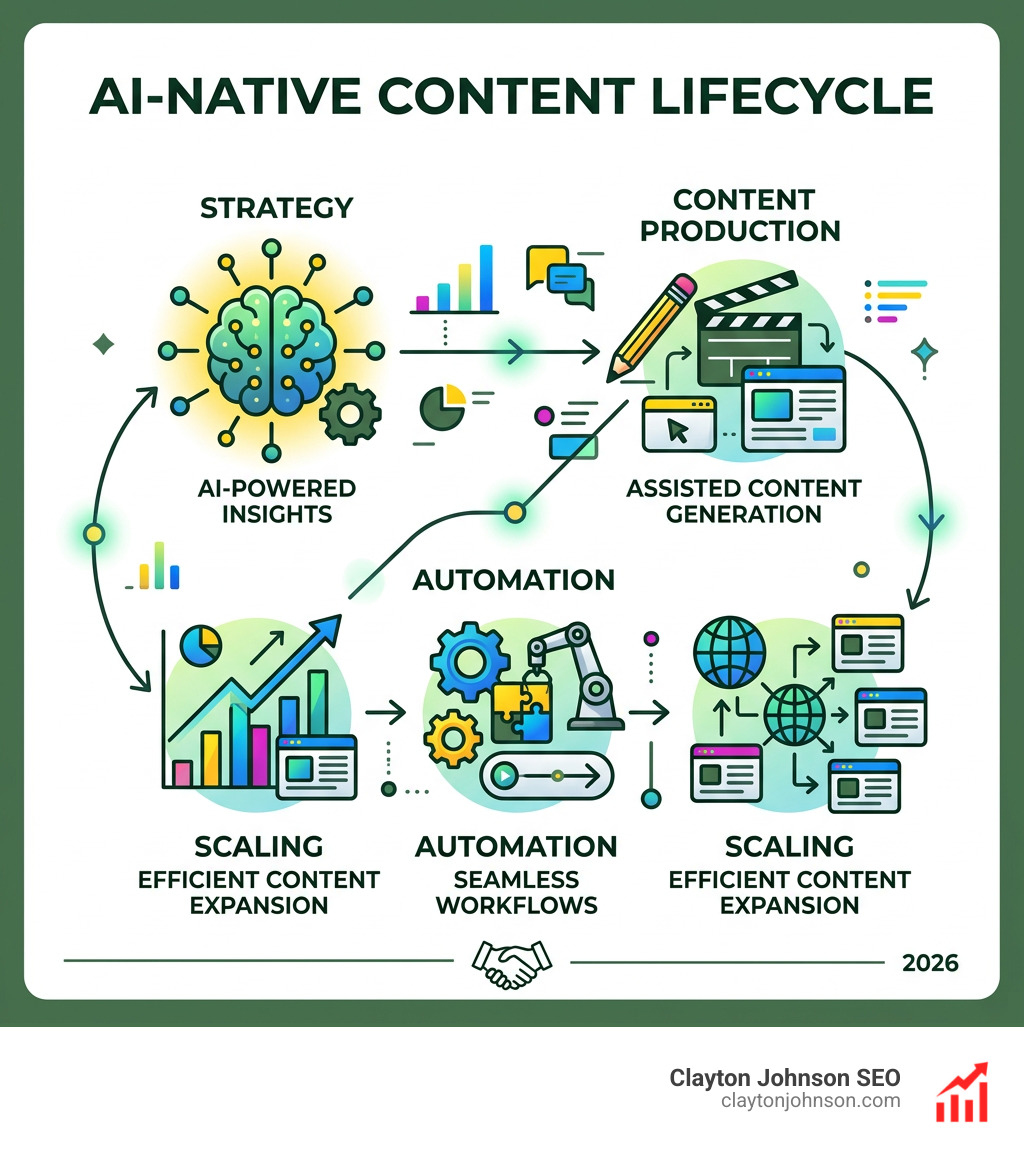 AI-native content lifecycle infographic showing strategy, content production, automation, and scaling stages - AI tools for