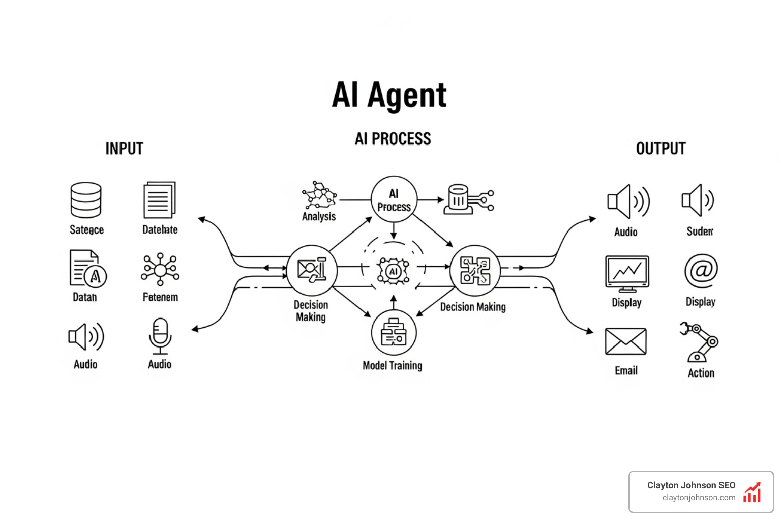 AI Agent Workflow Diagram showing data input, AI processing, and multi-channel output - AI tools for marketers