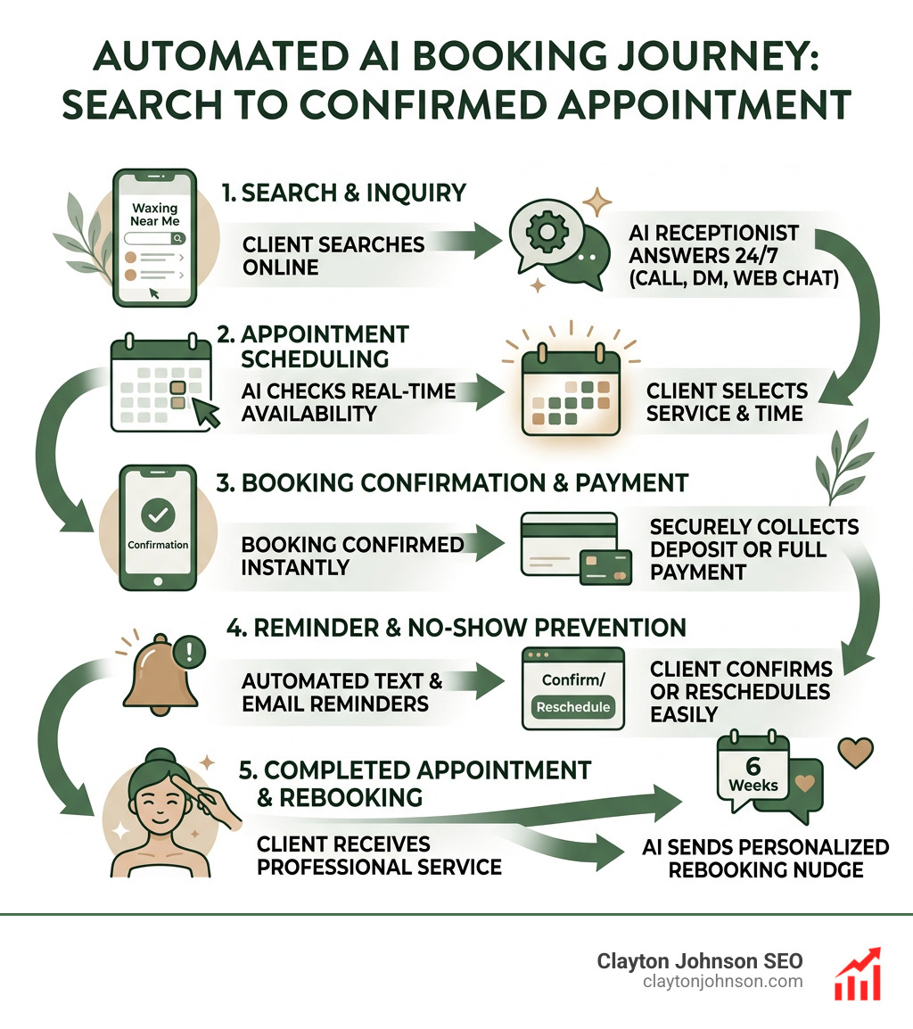Infographic showing the automated AI booking journey from search to confirmed waxing appointment - ai marketing for waxing Infographic showing the automated AI booking journey from search to confirmed waxing appointment - ai marketing for waxing
