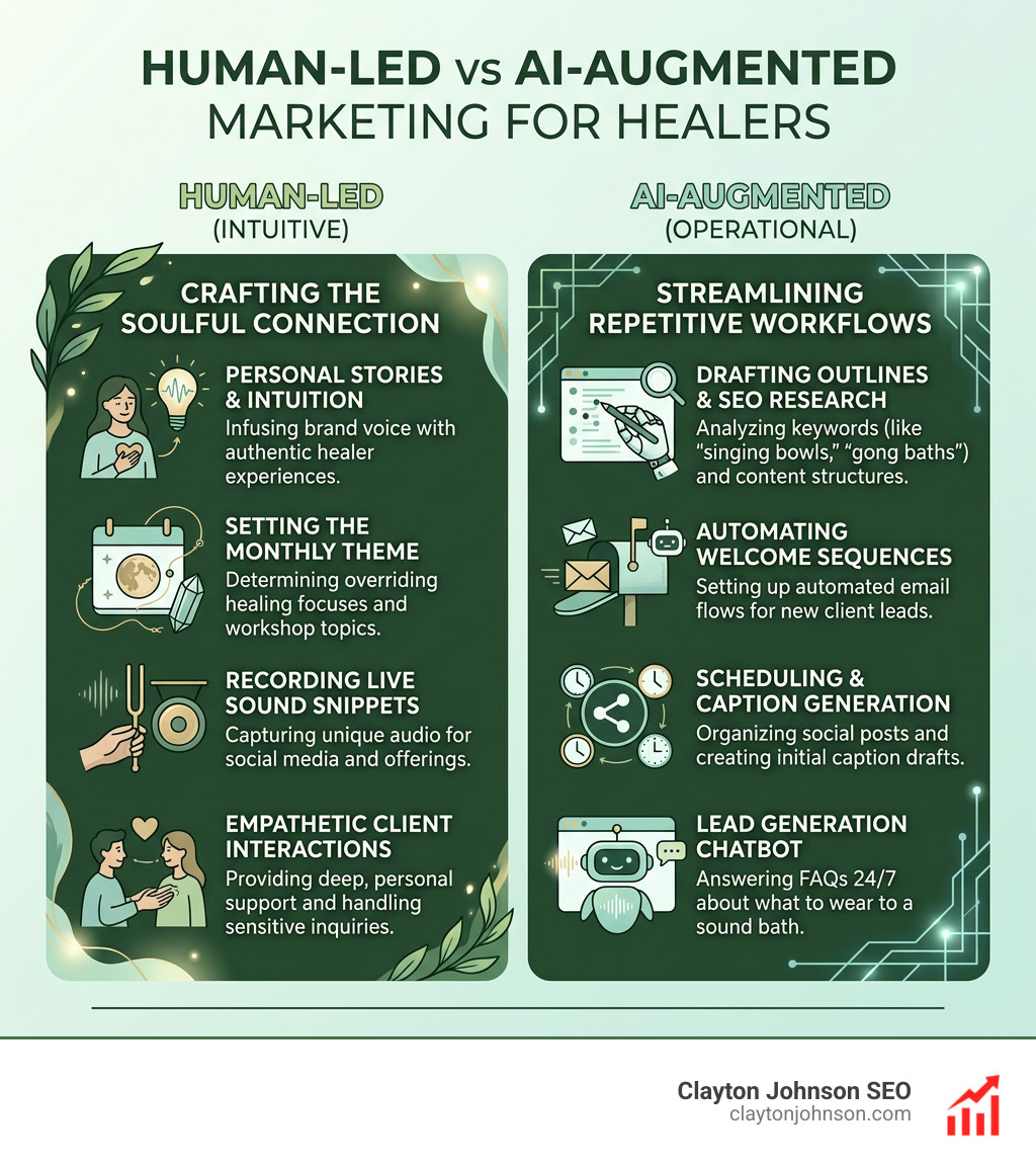 human led vs ai augmented marketing tasks for healers infographic - ai marketing for sound healing therapists companies