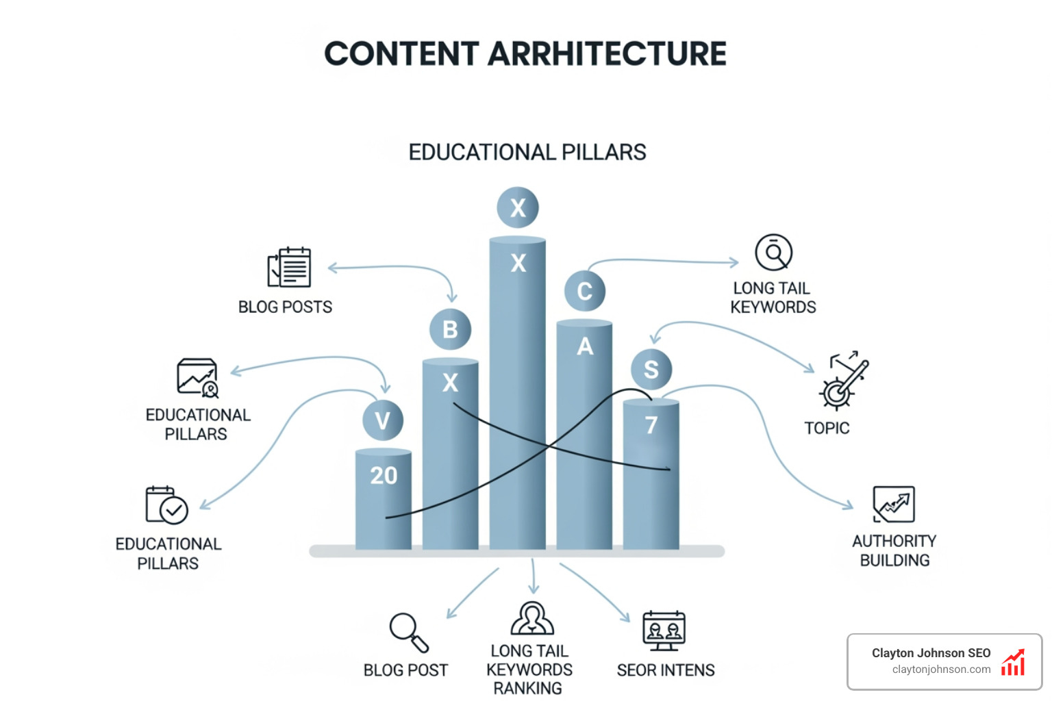 Content architecture diagram showing how educational pillars support long-tail keyword rankings - marketing strategy crypto