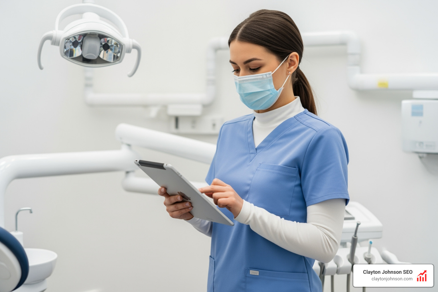 Dental assistant using a tablet to manage AI-driven marketing tasks in a modern office - ai marketing for dental assistants