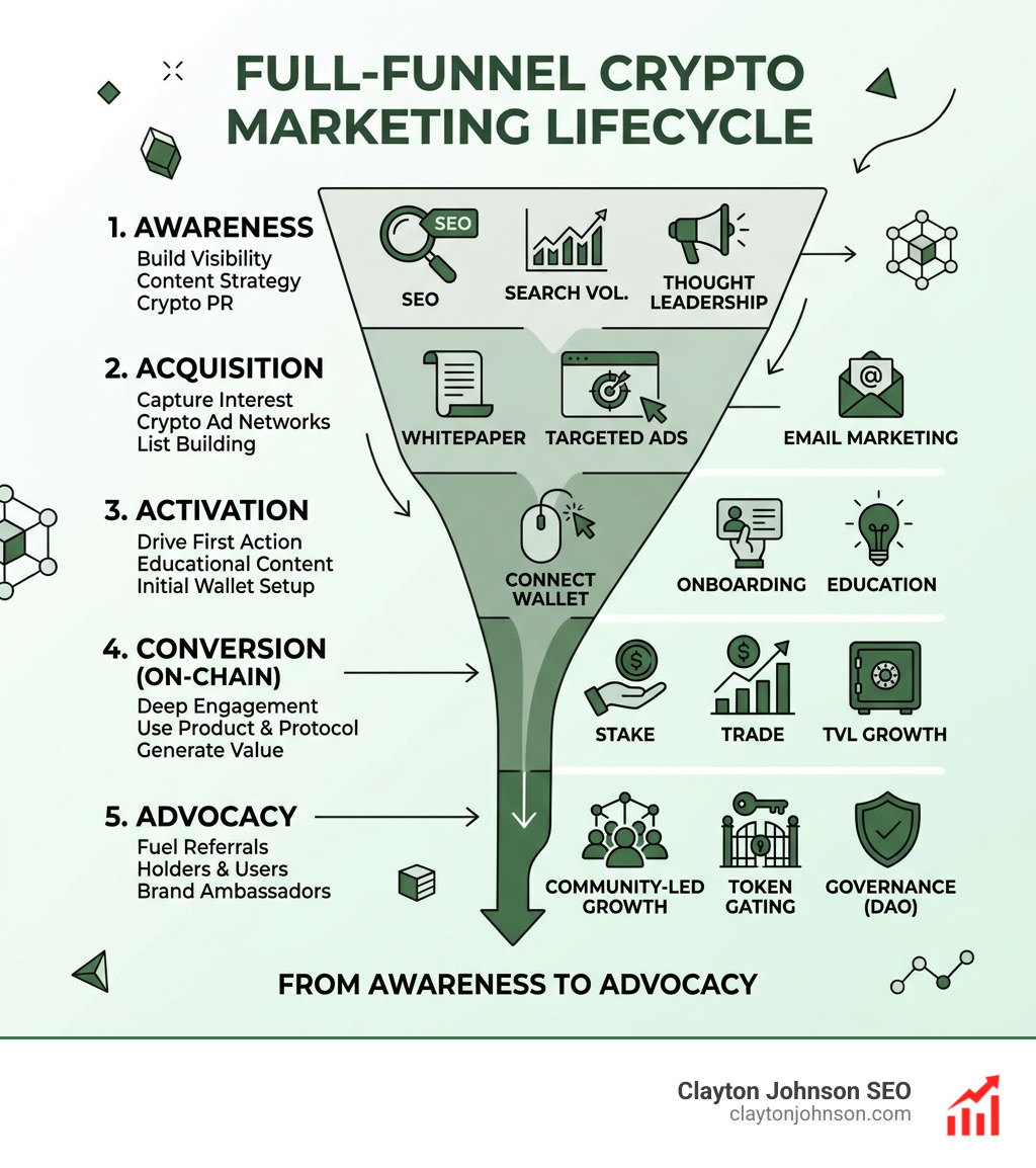 Full-funnel crypto marketing lifecycle from awareness to on-chain conversion and community advocacy - marketing strategy