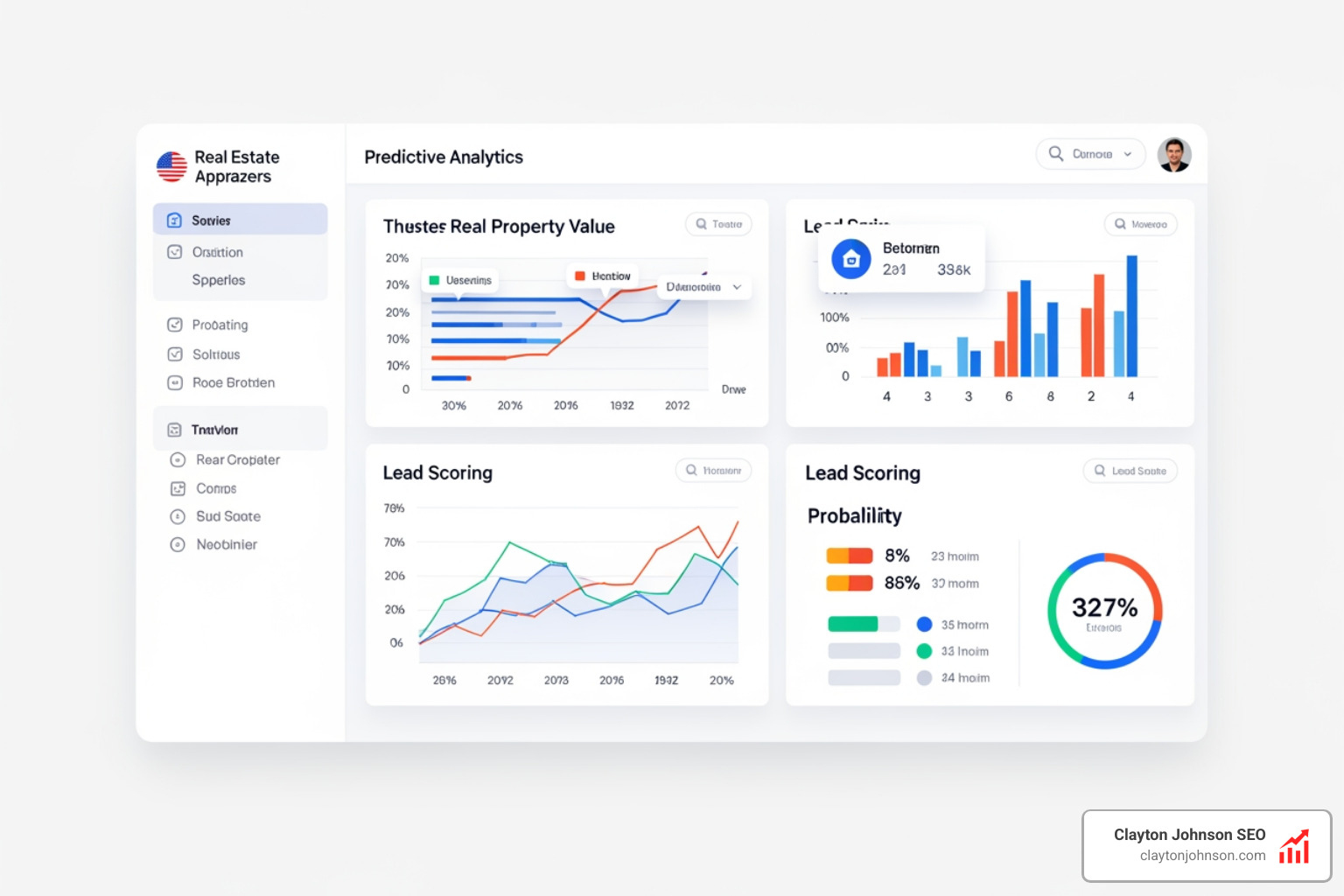Predictive analytics dashboard showing property value trends and lead scoring metrics - ai marketing for real estate