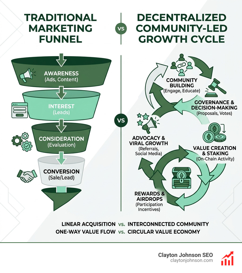 Comparison of traditional marketing funnels versus decentralized community-led growth cycles - marketing strategy crypto