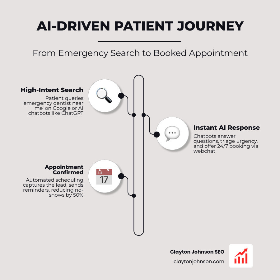 AI-driven patient journey infographic for emergency dental services: search to booked appointment - ai marketing for