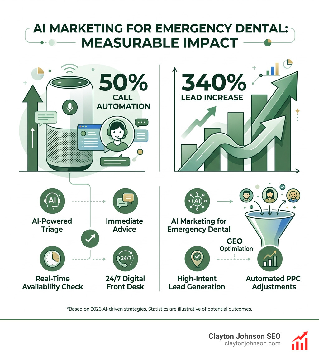 infographic showing 50% call automation and 340% lead increase stats - ai marketing for emergency dental services companies