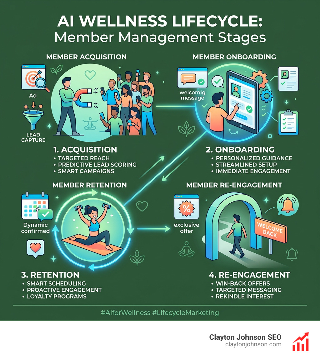 AI wellness lifecycle infographic showing member acquisition, onboarding, retention, and re-engagement stages - ai marketing