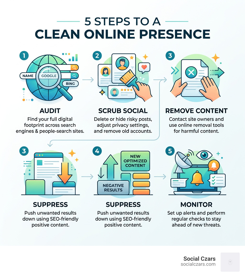 5-step clean online presence process: audit, scrub social, remove content, suppress, monitor - clean online presence