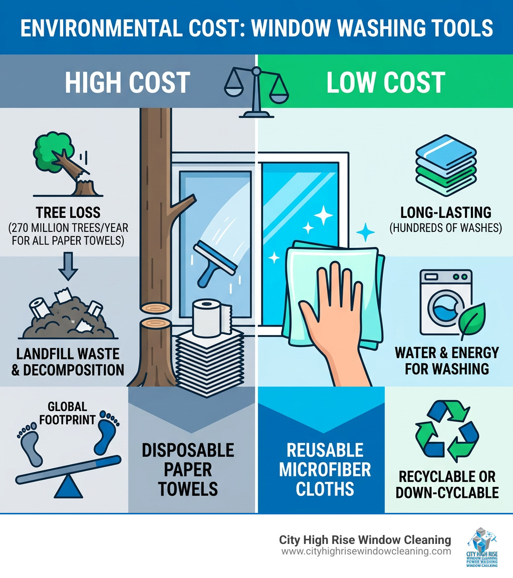 Infographic showing environmental cost of paper towels vs. reusable cloths in window washing - Eco-friendly window washing Infographic showing environmental cost of paper towels vs. reusable cloths in window washing - Eco-friendly window washing