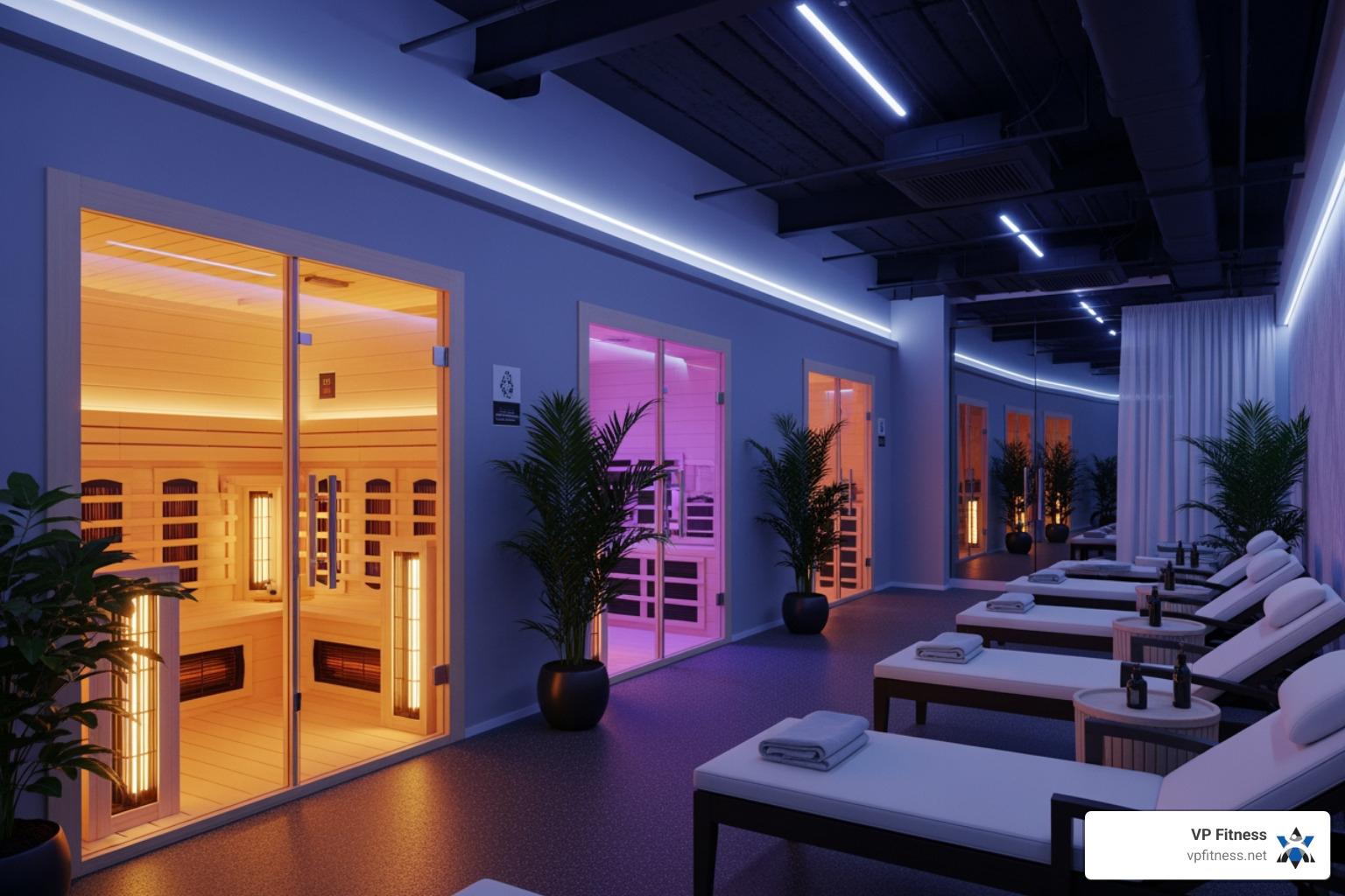 Luxury recovery zone featuring infrared technology and lounge area - Luxury fitness studio