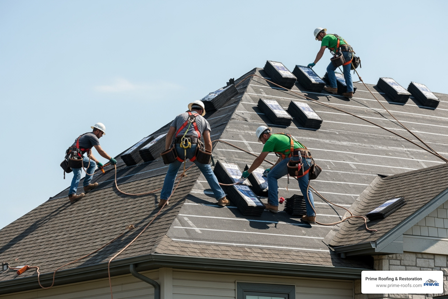 professional roofing crew installing architectural shingles on a modern suburban home - roof replacement near