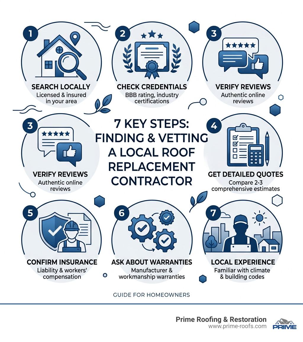 7 key steps to finding and vetting a local roof replacement contractor near you - roof replacement near infographic 
