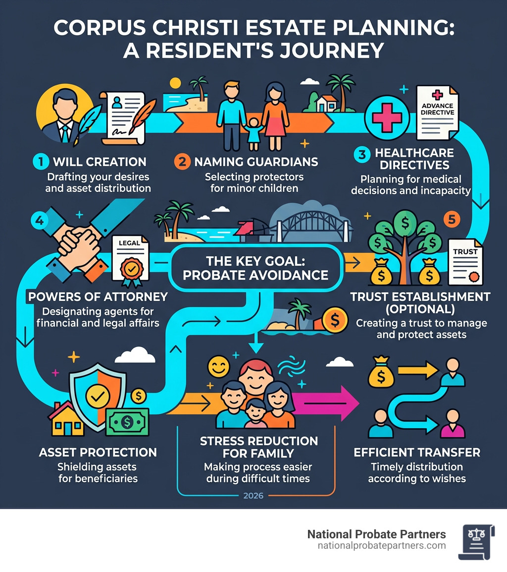 Infographic showing the estate planning process from will creation to probate avoidance for Corpus Christi residents