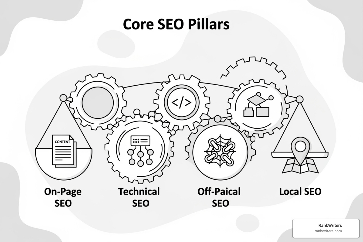 Graphic illustrating the synergy between On-Page, Off-Page, Technical, and Local SEO - The four types of SEO