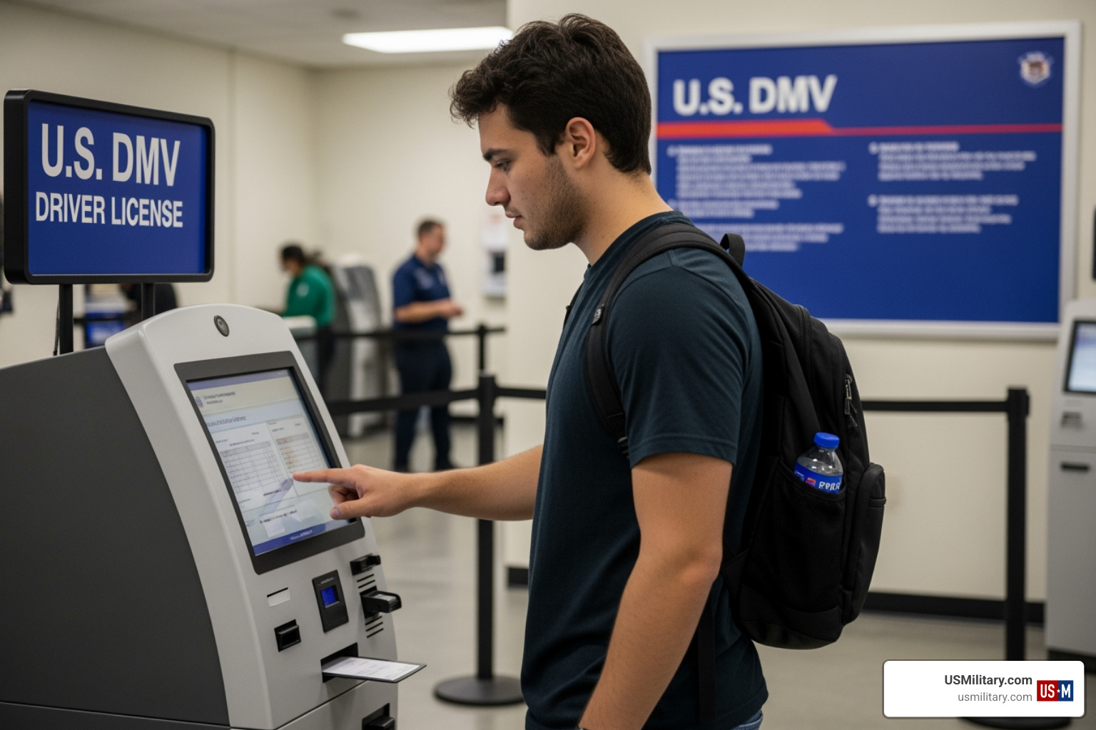 Young man at a DMV kiosk applying for a driver's license - What States Automatically Register You For Selective Service