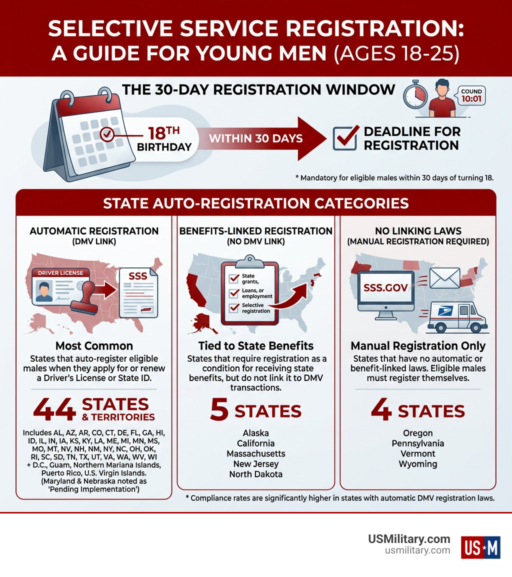 Infographic showing the 30-day Selective Service registration window and state auto-registration categories - What States
