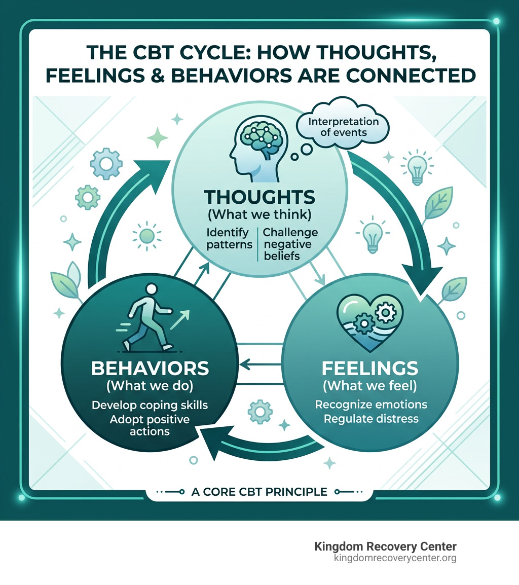 CBT thought-feeling-behavior cycle infographic showing how thoughts influence feelings and actions - Cognitive behavioral