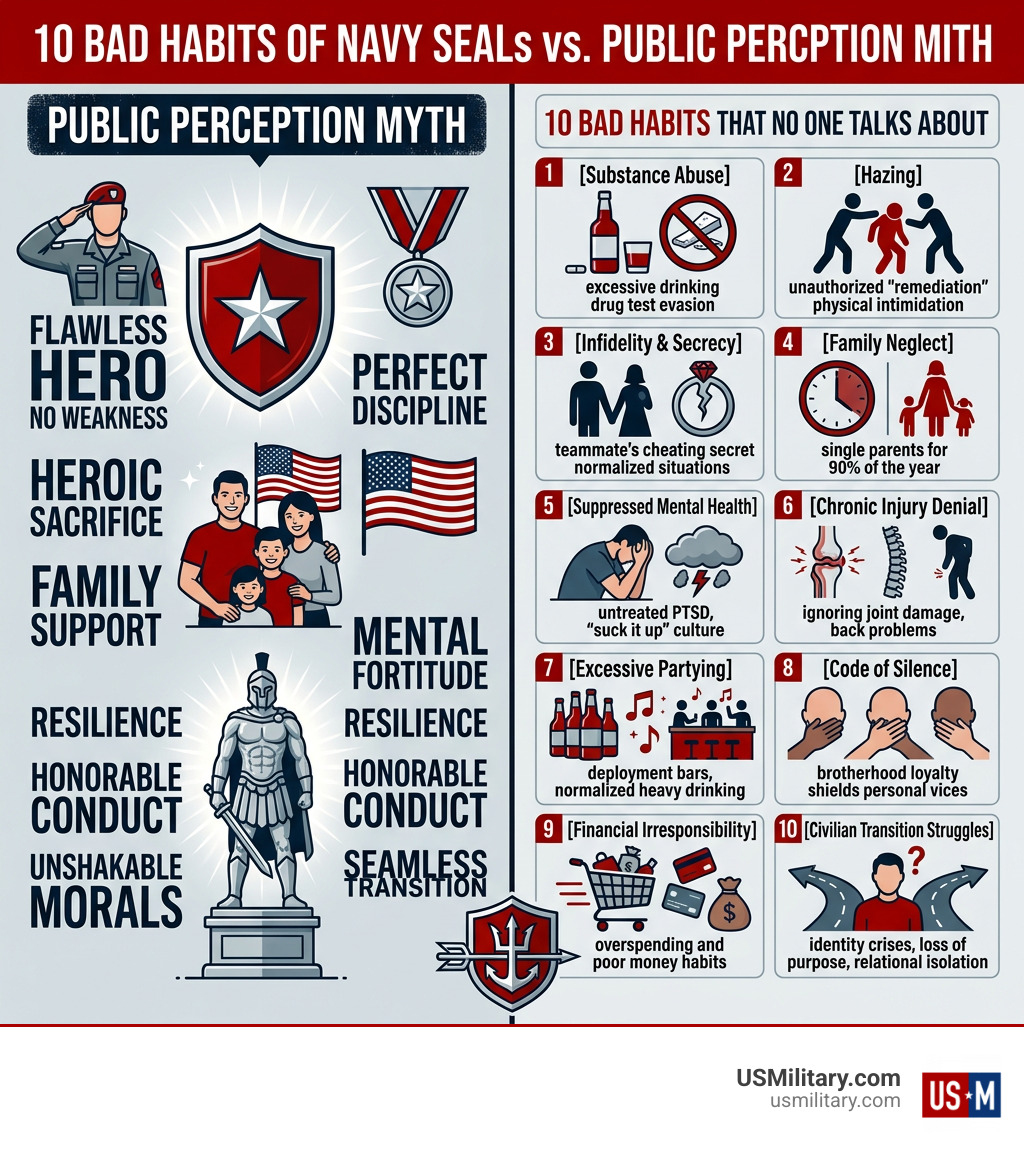 Infographic showing 10 bad habits of Navy SEALs vs. the public perception myth - 10 Bad Habits of Navy SEALs That No One Infographic showing 10 bad habits of Navy SEALs vs. the public perception myth - 10 Bad Habits of Navy SEALs That No One