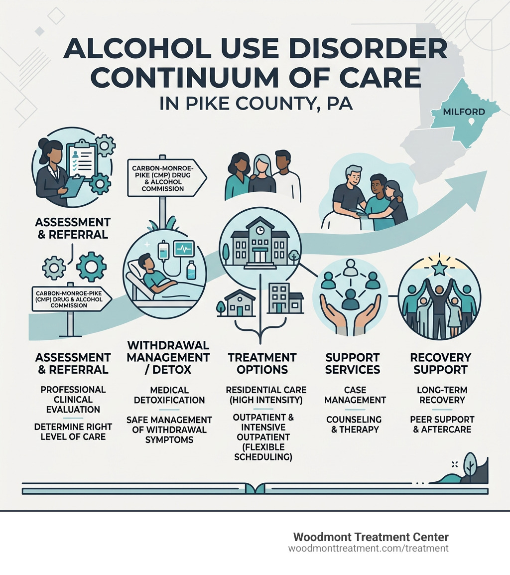 Infographic showing continuum of care for alcohol use disorder in Pike County PA from assessment to recovery - Alcohol rehab