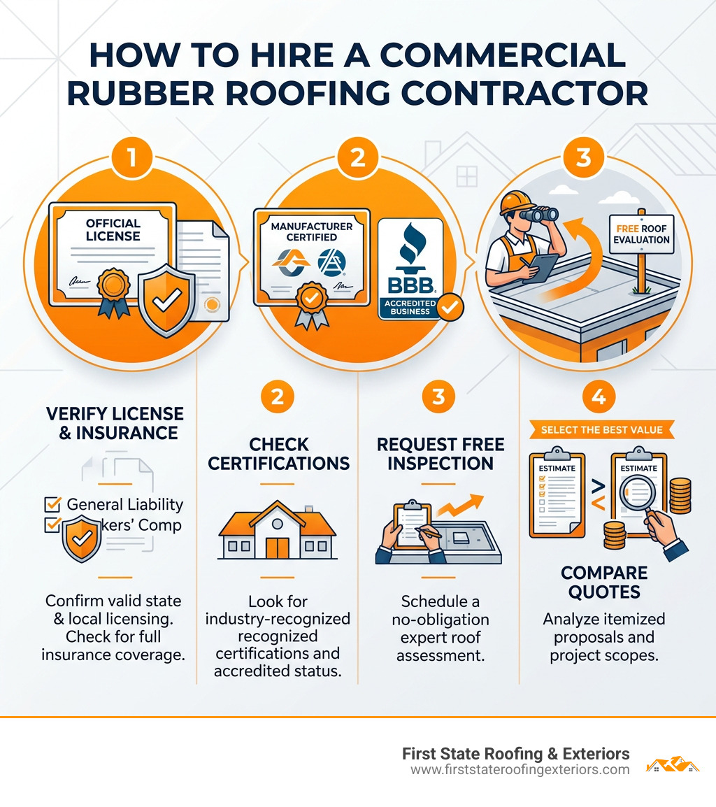 Infographic showing how to hire commercial rubber roofing contractors: verify license, check certifications, get free
