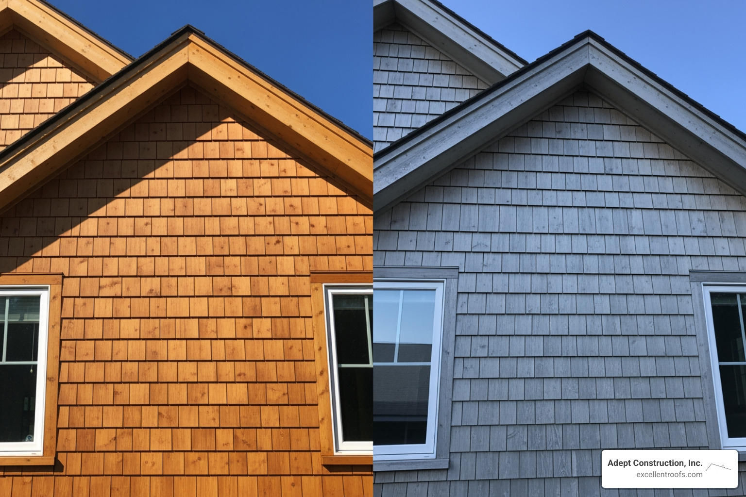 Side-by-side comparison of freshly stained cedar shakes vs. naturally weathered silver-grey cedar - cedar shake siding gable