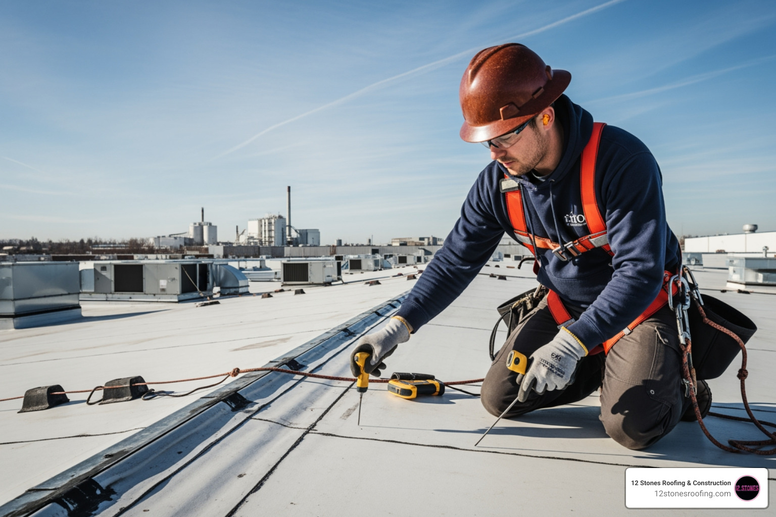 Roofing specialist performing a detailed commercial roof inspection on a flat roof system - commercial roofing contractor