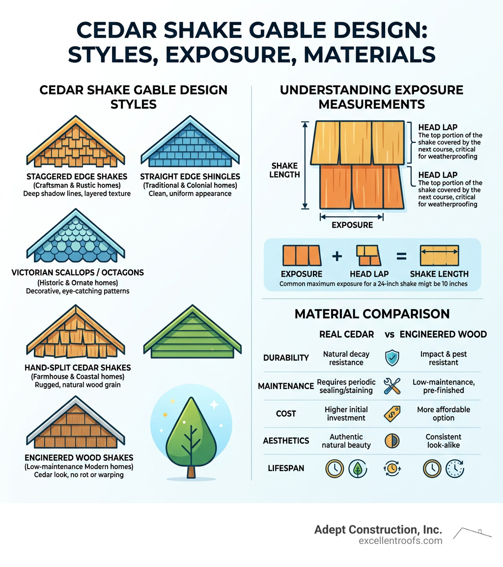Infographic showing cedar shake gable design styles, exposure measurements, and material comparison - cedar shake siding