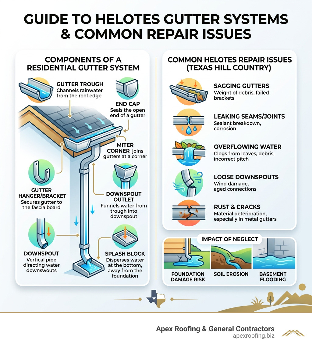 Infographic showing components of a residential gutter system and common repair issues in Helotes TX - Helotes gutter repair Infographic showing components of a residential gutter system and common repair issues in Helotes TX - Helotes gutter repair