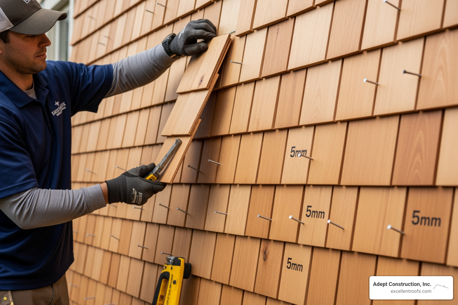 Contractor installing cedar shingle siding with proper staggering and 5mm expansion gaps - cedar shingle siding