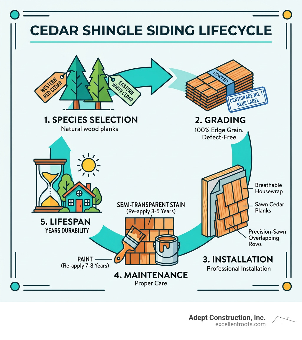 Infographic showing cedar shingle siding lifecycle: species selection, grading, installation, maintenance, and lifespan