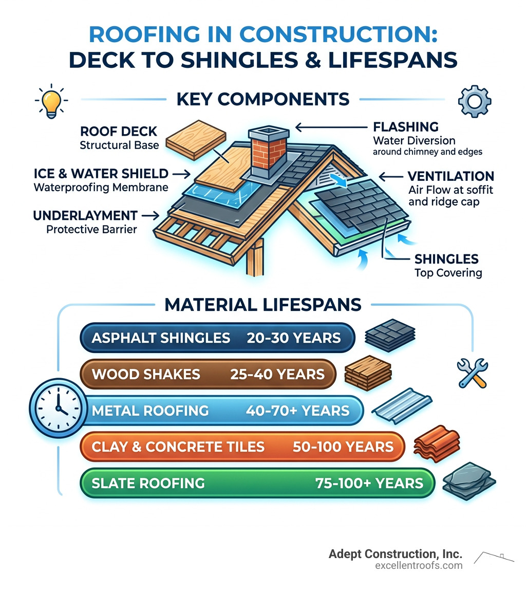 Infographic showing the key components of roofing in construction from deck to shingles with material lifespans - roofing in