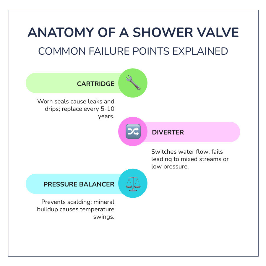 Anatomy of a shower valve showing common failure points like cartridge, diverter, and pressure balancer - repair shower