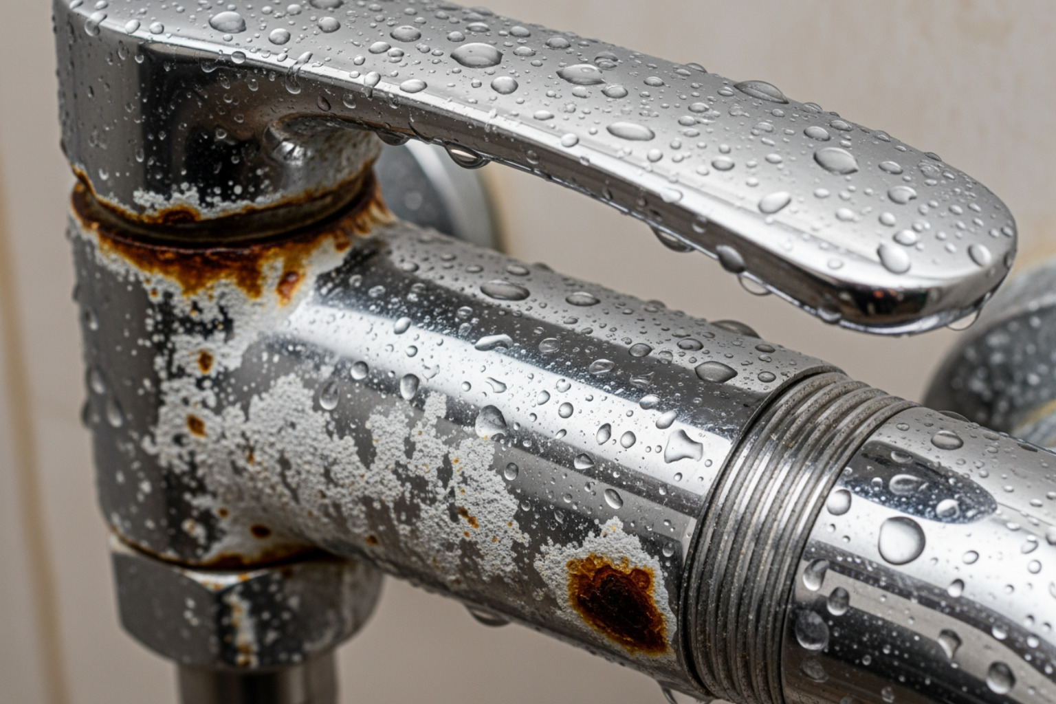 Mineral buildup and corrosion on a chrome shower handle in a Newton home - repair shower fixtures newton