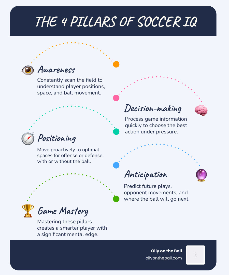 4 Pillars of Soccer IQ infographic: Awareness, Decision-making, Positioning, Anticipation - improve soccer IQ kids 4 Pillars of Soccer IQ infographic: Awareness, Decision-making, Positioning, Anticipation - improve soccer IQ kids