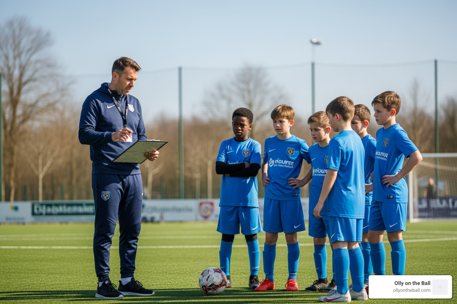 Coach using a clipboard to explain tactics to young players - improve soccer IQ kids Coach using a clipboard to explain tactics to young players - improve soccer IQ kids