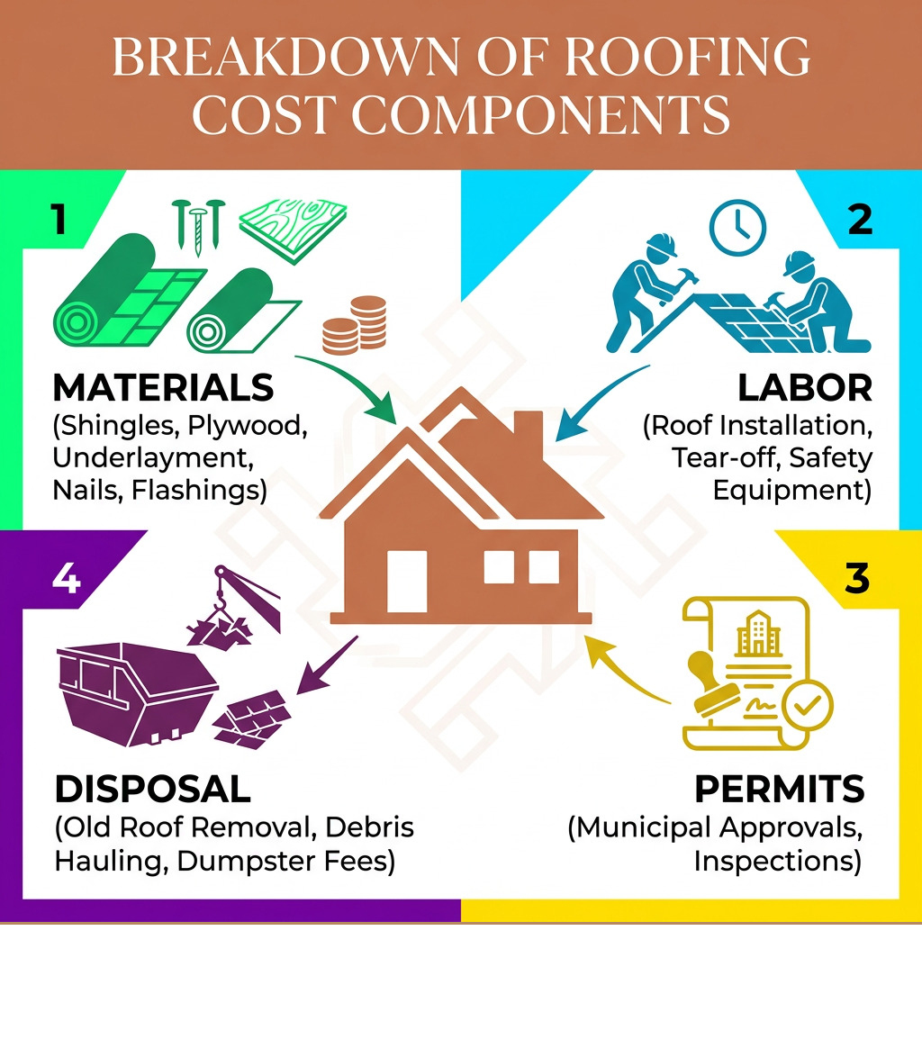 Breakdown of roofing cost components including materials, labor, permits, and disposal - cost to build a new roof Breakdown of roofing cost components including materials, labor, permits, and disposal - cost to build a new roof