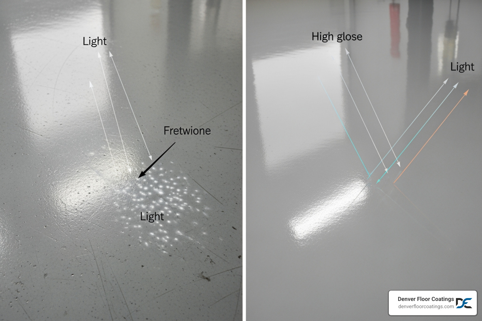Visual comparison of light refraction on a dull, scratched surface versus a smooth, buffed high-gloss floor - buff epoxy
