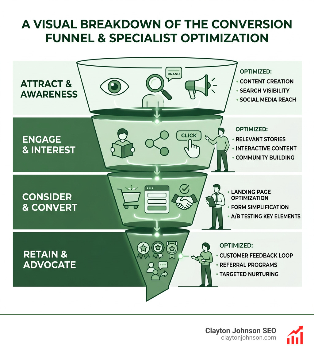 A visual breakdown of the conversion funnel and how specialists optimize each stage - famous digital marketers infographic 